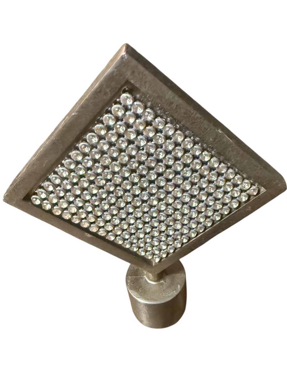 Vintage decorative silver-tone metal and rhinestone-studded diamond-shaped curta